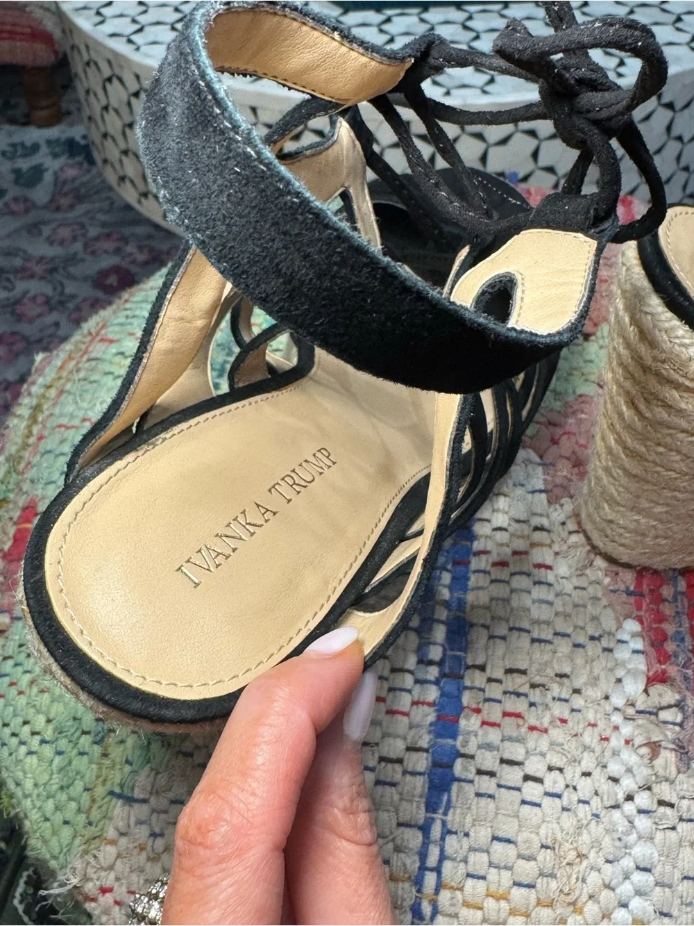 Ivanka Trump Black Suede Lace-Up Espadrille Wedges‎